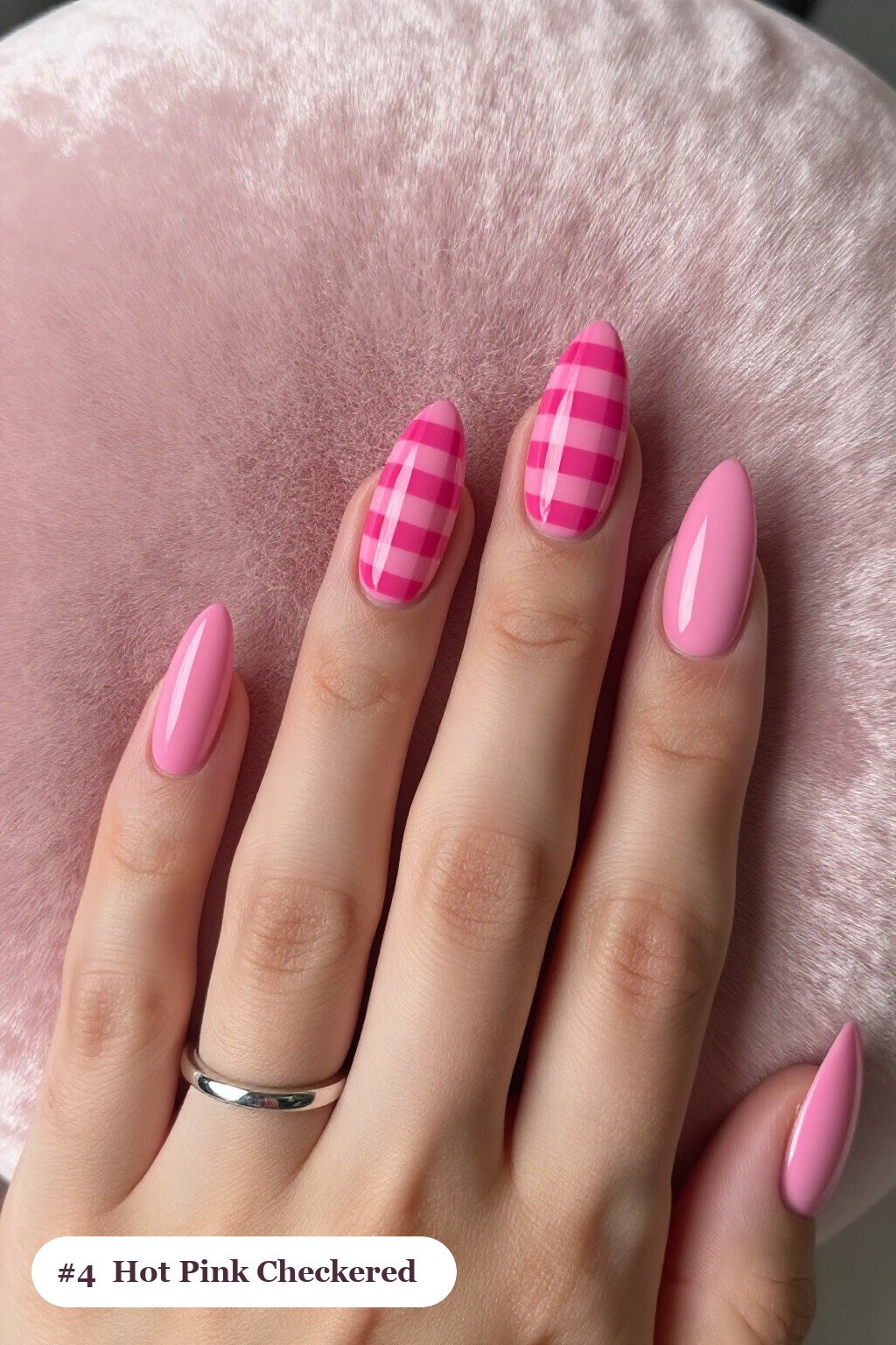 Hot Pink Almond Nails Featuring Bold Checkerboard Accent - almond nails