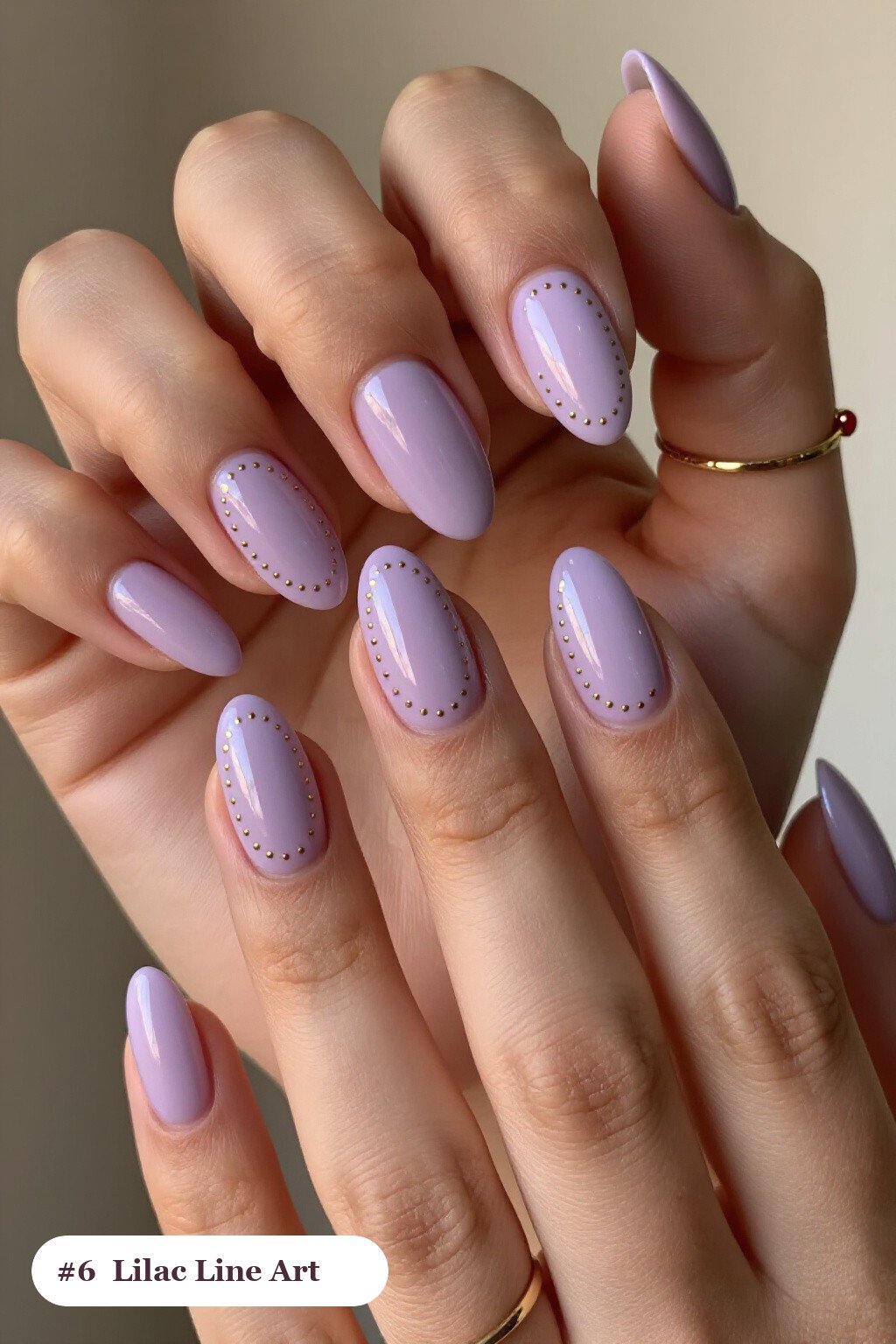 Lilac Almond Nails with Gold Line Art and Dots: Best Shades for Every Season - almond nails
