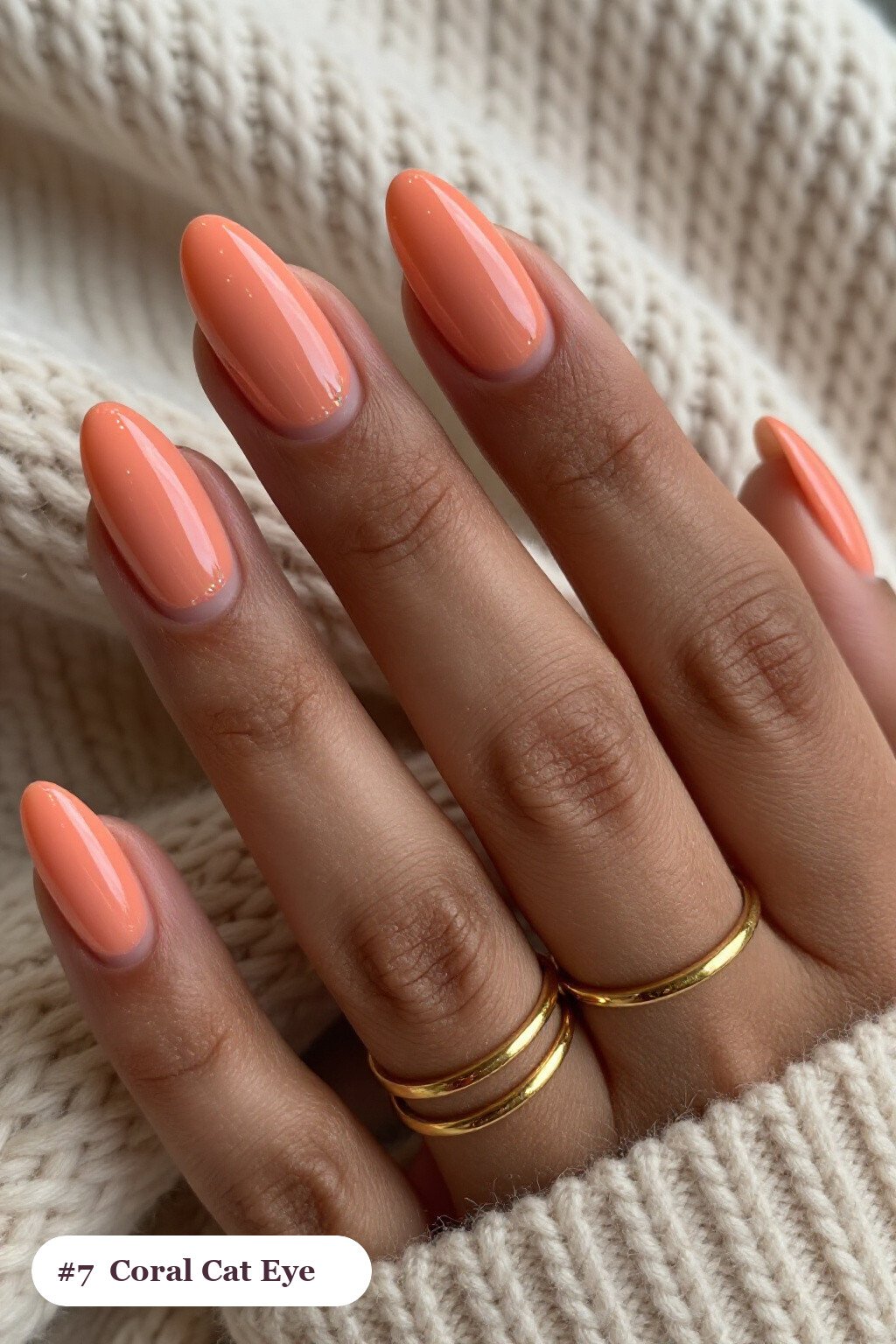 Coral Almond Nails with Central Gem‑Like Shimmer Band - almond nails