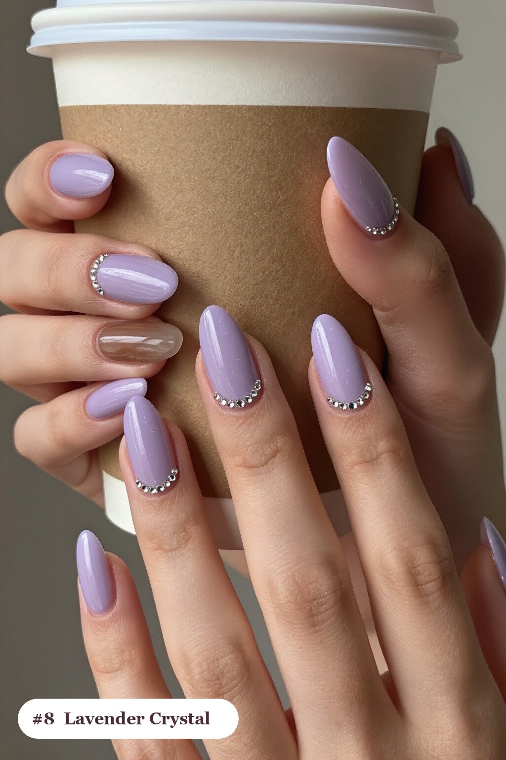 Lavender Almond Nails Adorned with Crystal Rhinestone Cuticle Rows - almond nails
