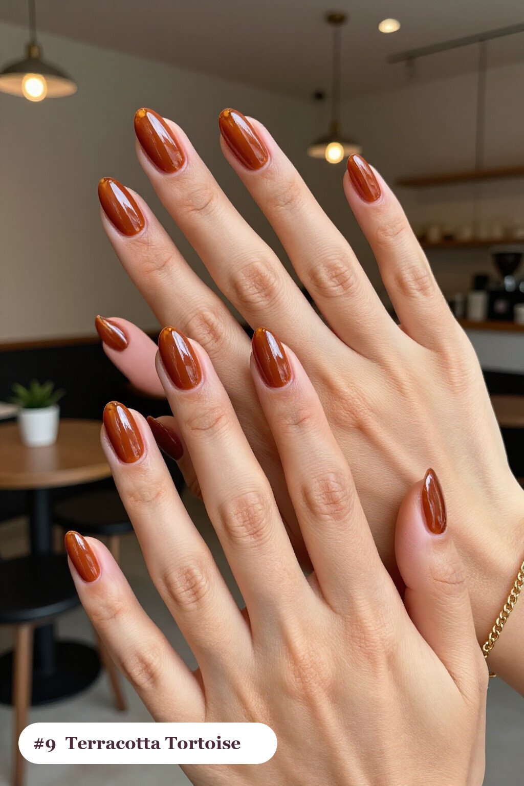 Terracotta Almond Nails Paired with Amber Tortoiseshell Accent Nails - almond nails