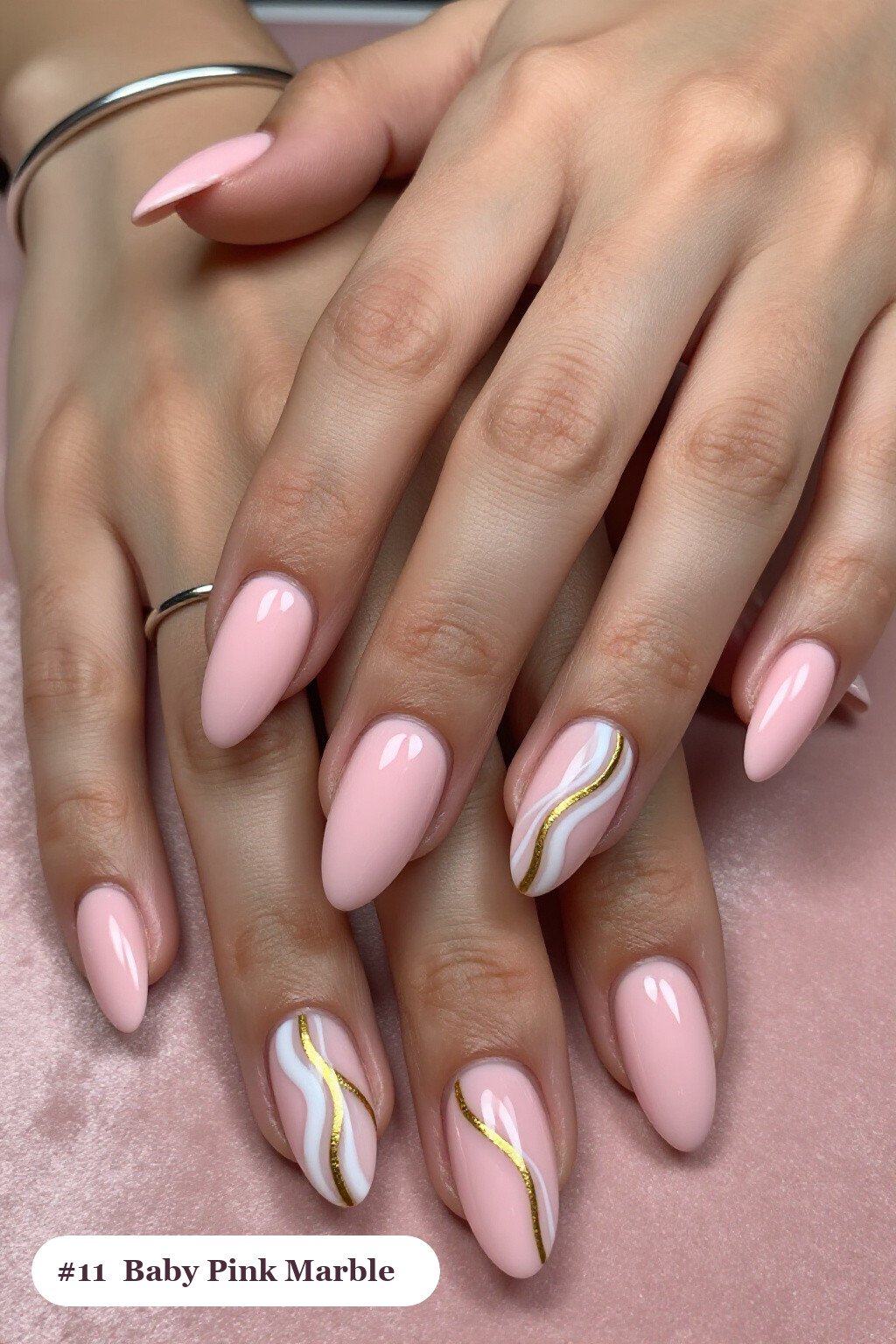Baby Pink Almond Nails with Bold Marble Veins in White and Gold - almond nails designs Baby Pink Almond Nails with Bold Marble Veins in White and Gold - almond nails designs
