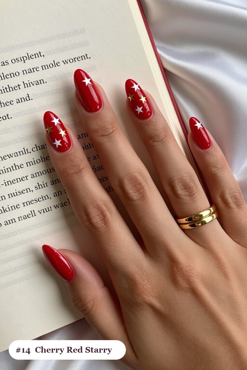 Cherry Red Almond Nails Sprinkled with White and Gold Stars - almond nails designs Cherry Red Almond Nails Sprinkled with White and Gold Stars - almond nails designs