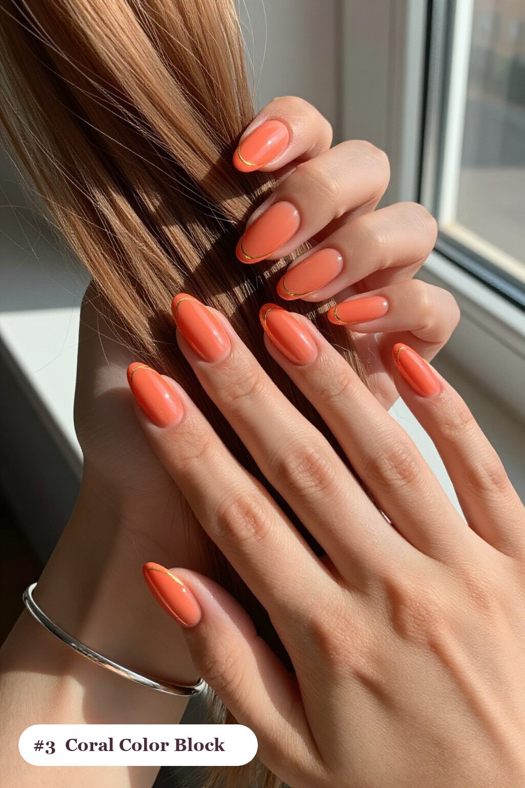 Coral Diagonal Color‑Block Almond Nails with Thin Gold Line - almond nails designs Coral Diagonal Color‑Block Almond Nails with Thin Gold Line - almond nails designs