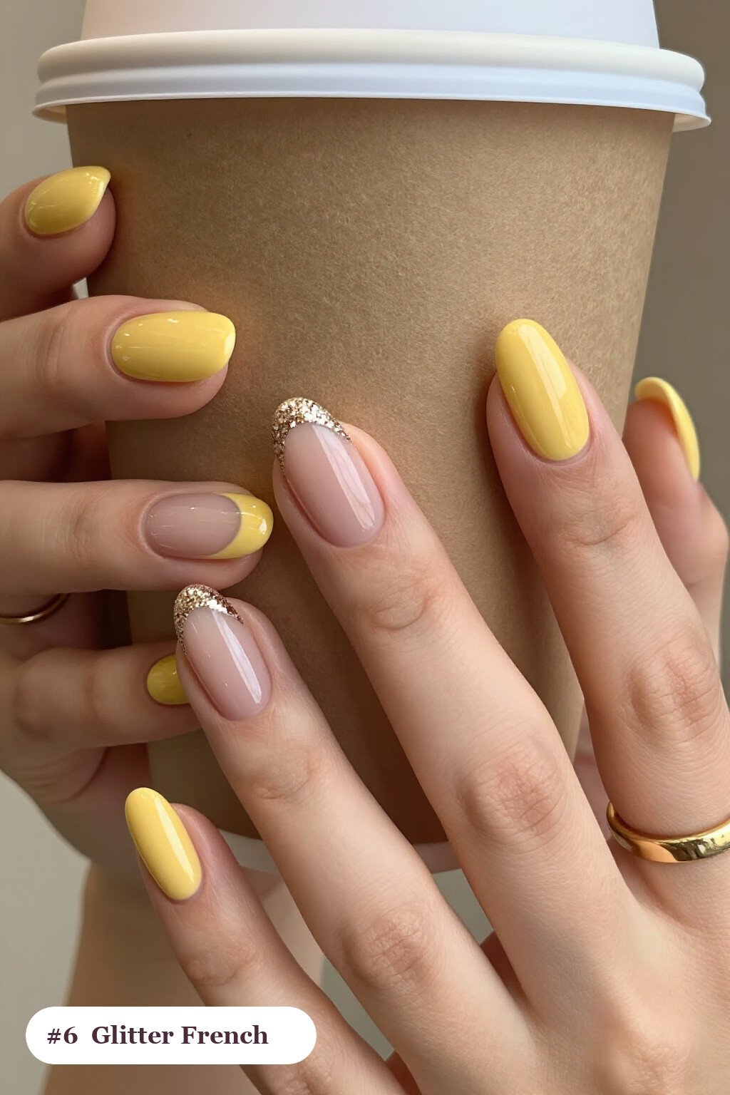 Butter Yellow Almond Nails with Glitter French Tips - almond nails designs Butter Yellow Almond Nails with Glitter French Tips - almond nails designs