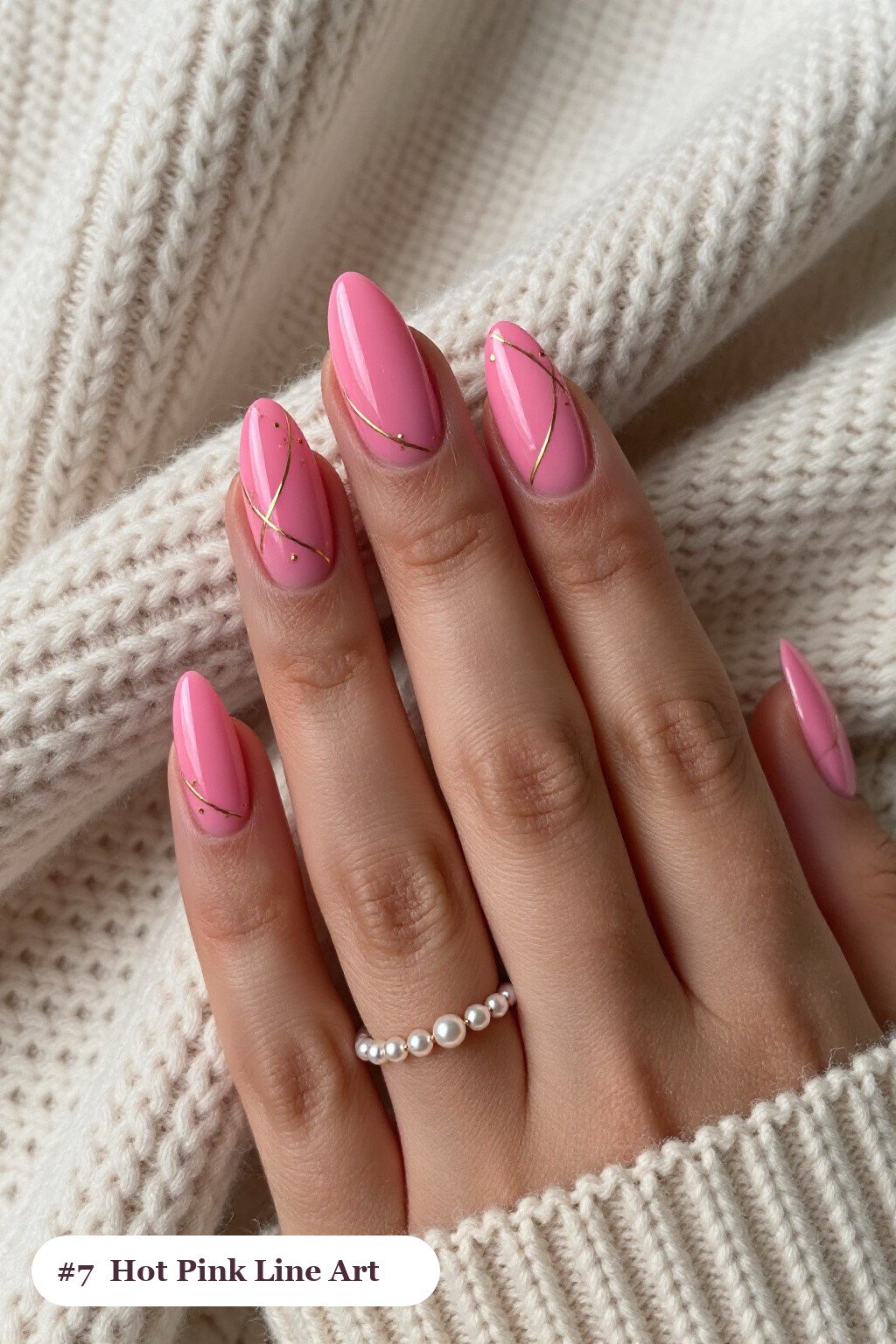 Hot Pink Almond Nails with Fine Gold Line Art and Dots - almond nails designs Hot Pink Almond Nails with Fine Gold Line Art and Dots - almond nails designs