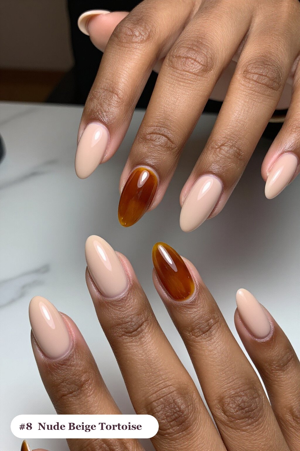 Nude Beige Almond Nails Featuring Amber Tortoiseshell Accents - almond nails designs Nude Beige Almond Nails Featuring Amber Tortoiseshell Accents - almond nails designs
