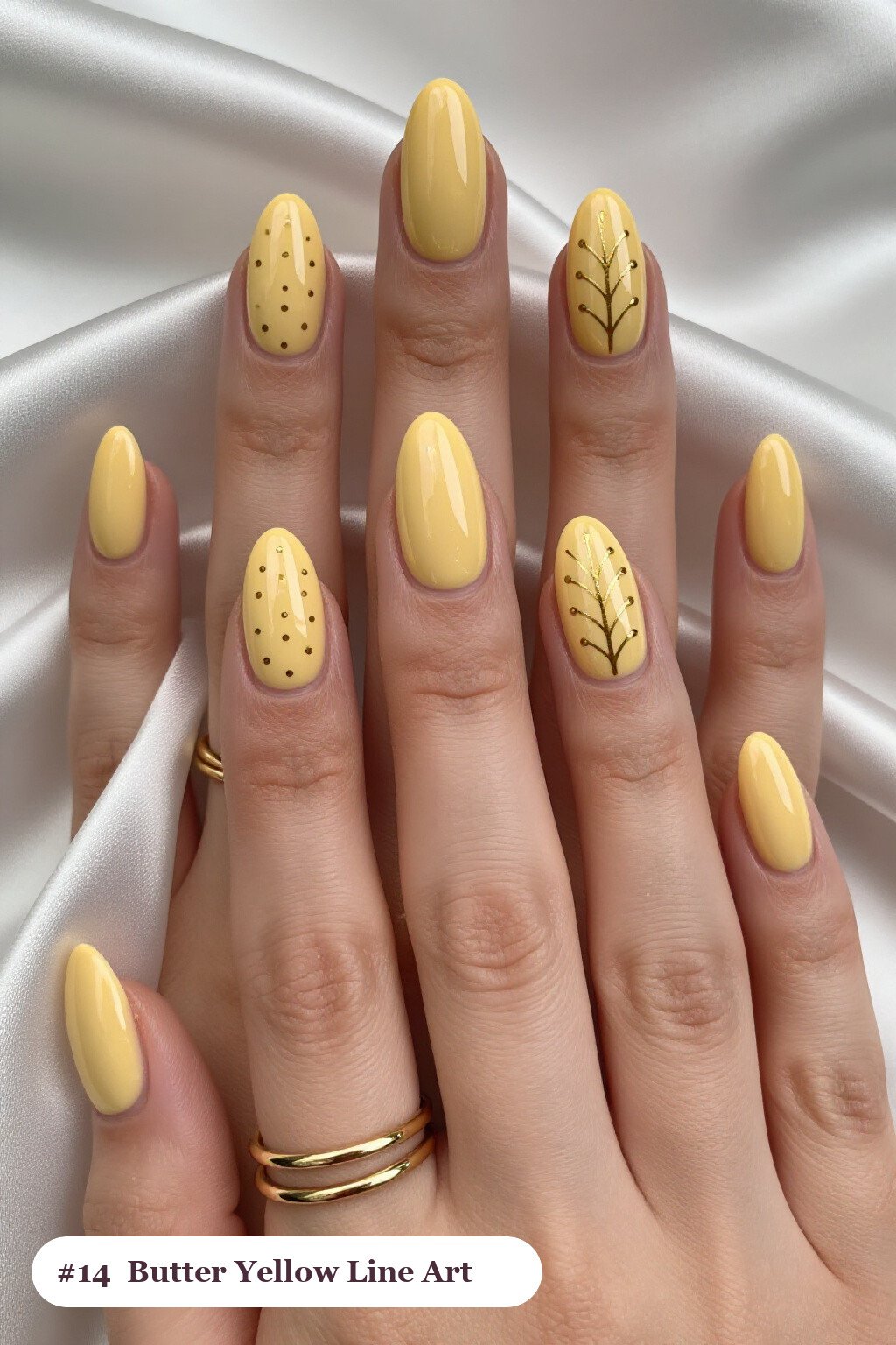 Butter Yellow Almond Nails with Fine Gold Line Art and Tiny Dotted Details - almond thanksgiving nail designs Butter Yellow Almond Nails with Fine Gold Line Art and Tiny Dotted Details - almond thanksgiving nail designs