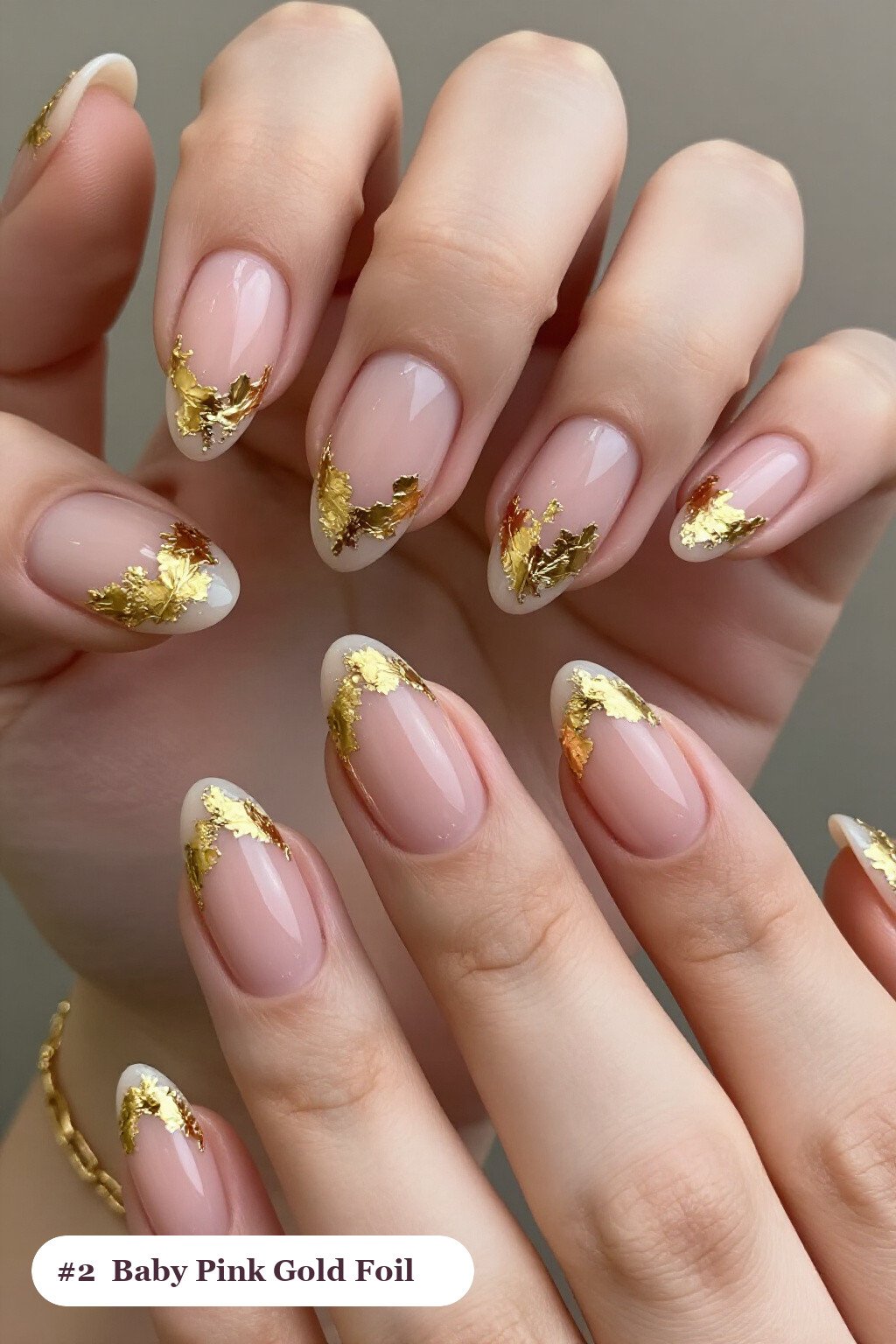 Baby Pink Almond Nails Sparkling with Dense Gold Foil Flakes and Leaf - almond thanksgiving nail designs Baby Pink Almond Nails Sparkling with Dense Gold Foil Flakes and Leaf - almond thanksgiving nail designs