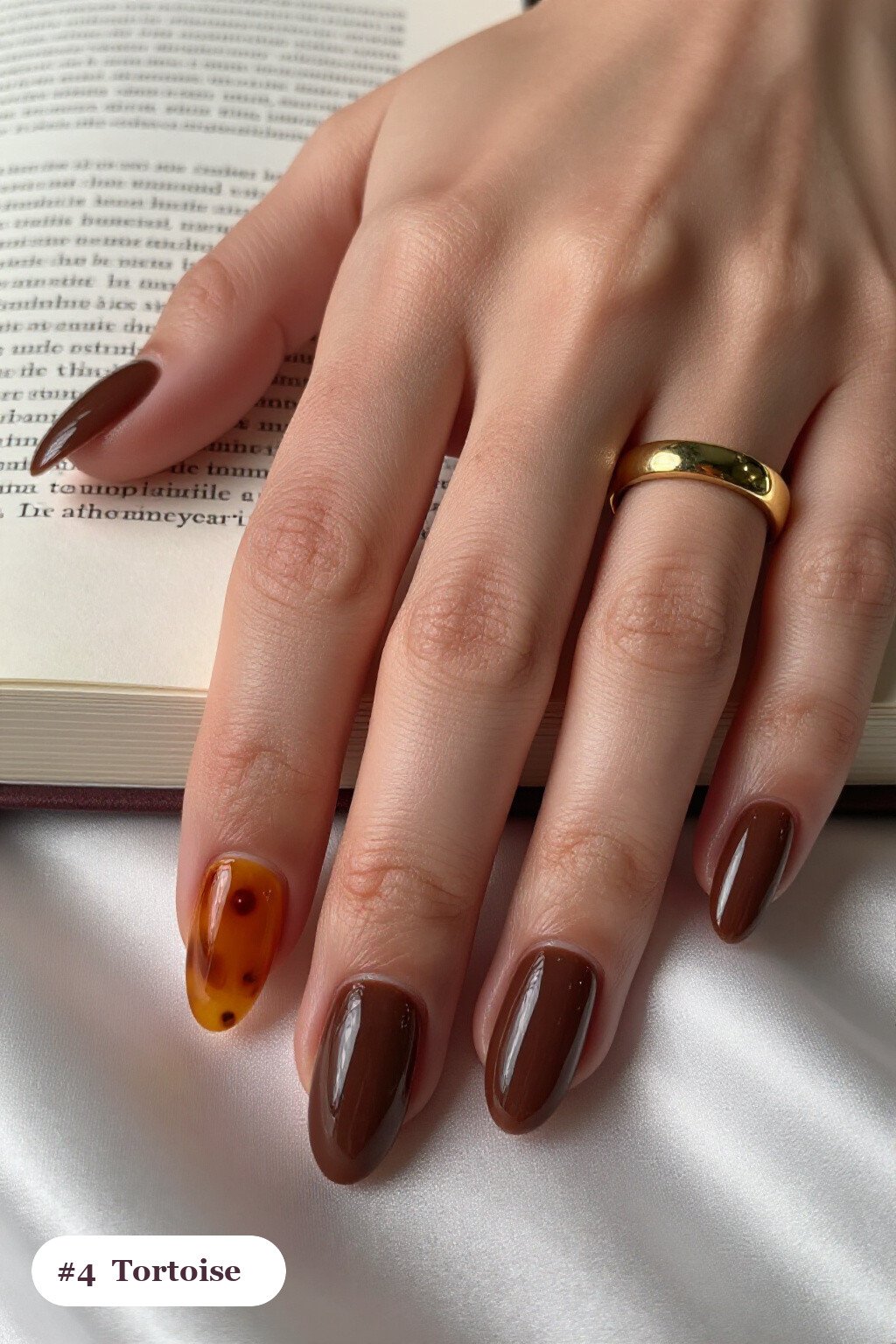 Chocolate Brown Almond Nails Paired with Glossy Amber Tortoiseshell Accent Nails - almond thanksgiving nail designs Chocolate Brown Almond Nails Paired with Glossy Amber Tortoiseshell Accent Nails - almond thanksgiving nail designs