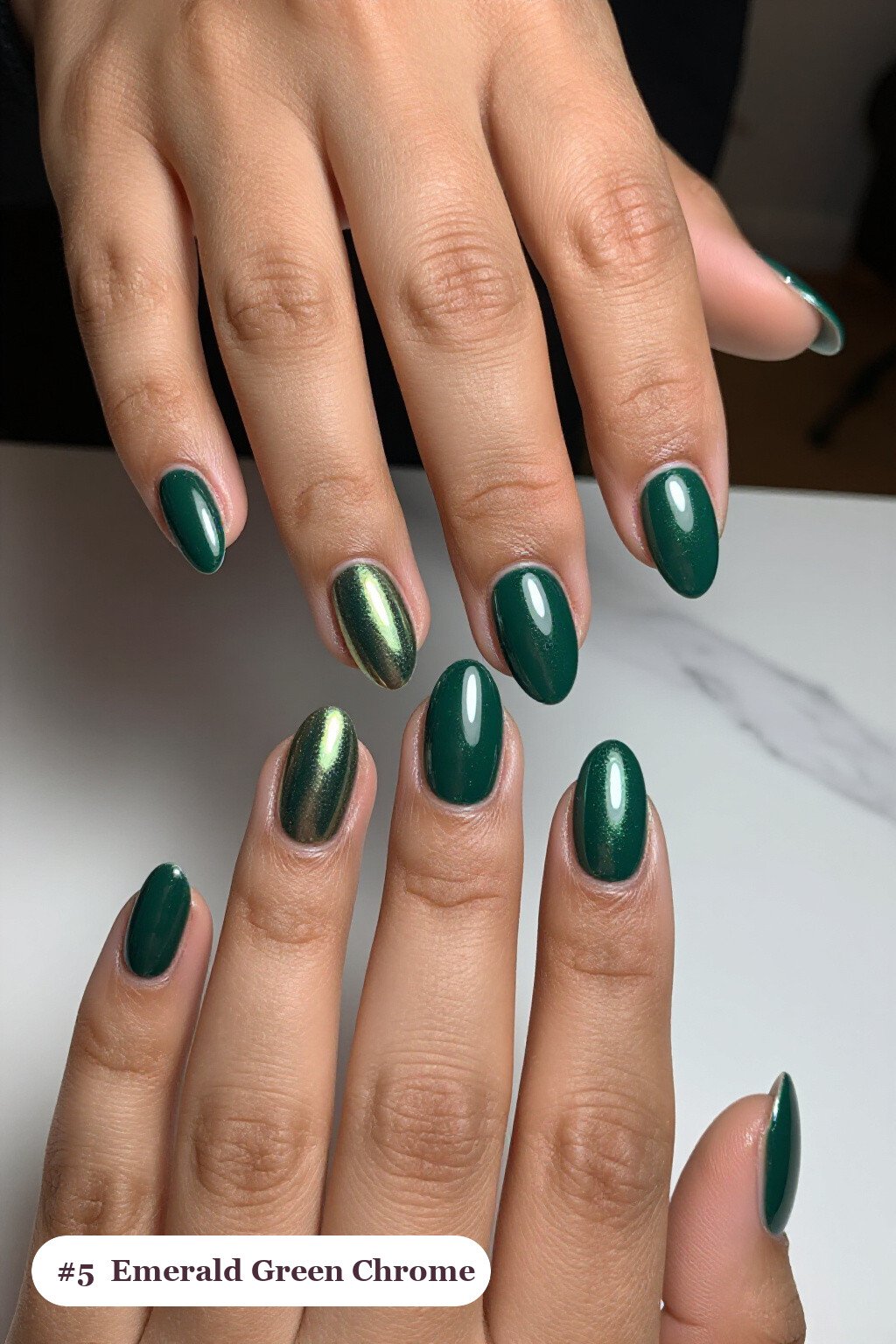 Emerald Green Almond Nails with Liquid Chrome Mirror Finish and Metallic Highlights - almond thanksgiving nail designs Emerald Green Almond Nails with Liquid Chrome Mirror Finish and Metallic Highlights - almond thanksgiving nail designs