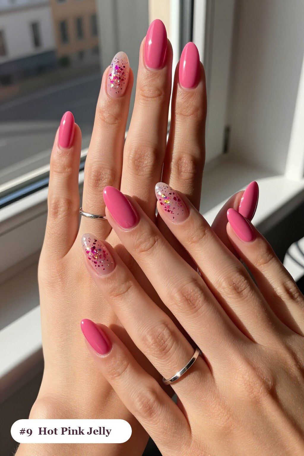 Hot Pink Almond Nails in See‑Through Jelly Finish with Encapsulated Glitter - almond thanksgiving nail designs Hot Pink Almond Nails in See‑Through Jelly Finish with Encapsulated Glitter - almond thanksgiving nail designs