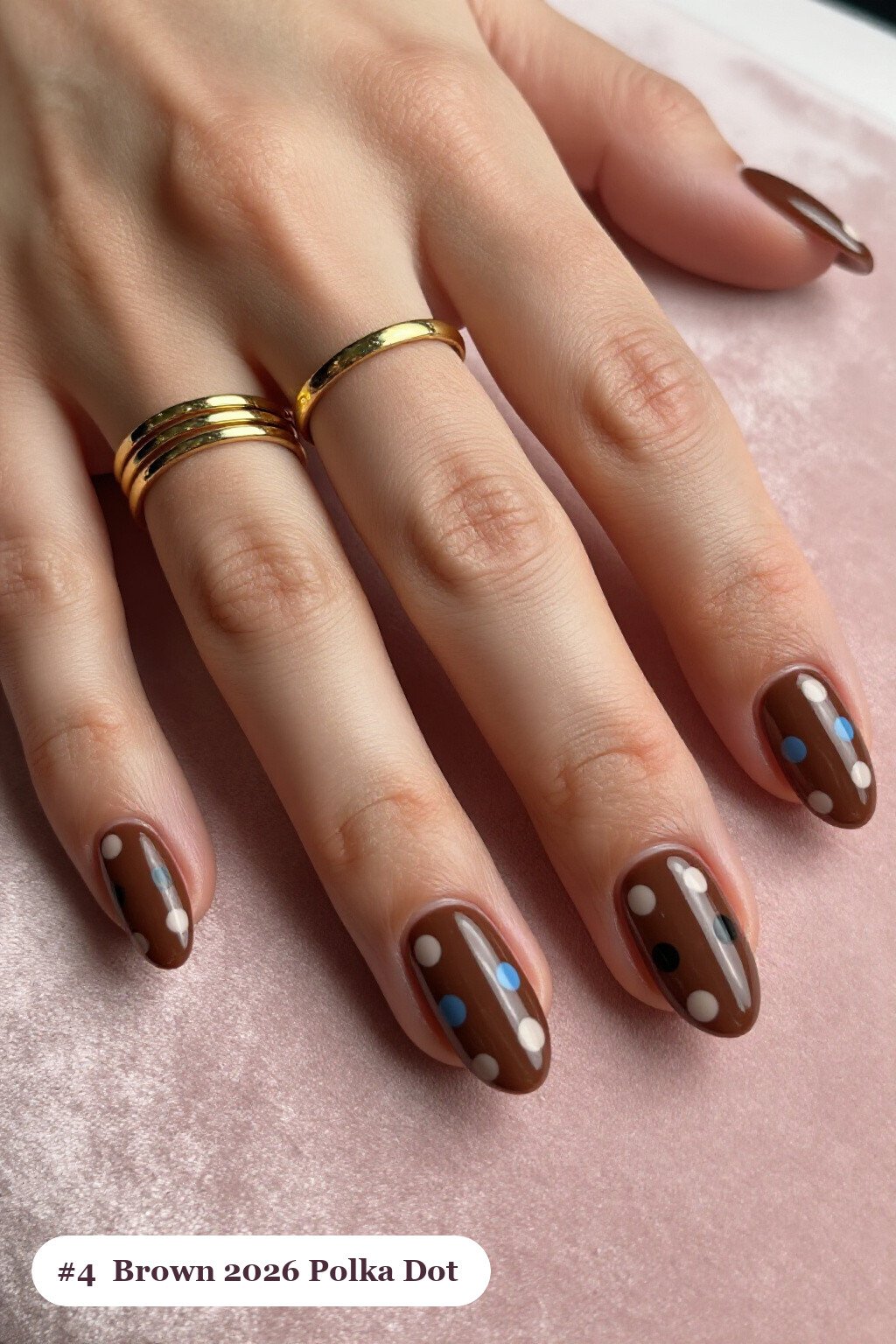 Medium coffin chocolate brown 2026 nails with playful polka dots in two colours on alternating nails, perfect for autumn - autumn nails 2026