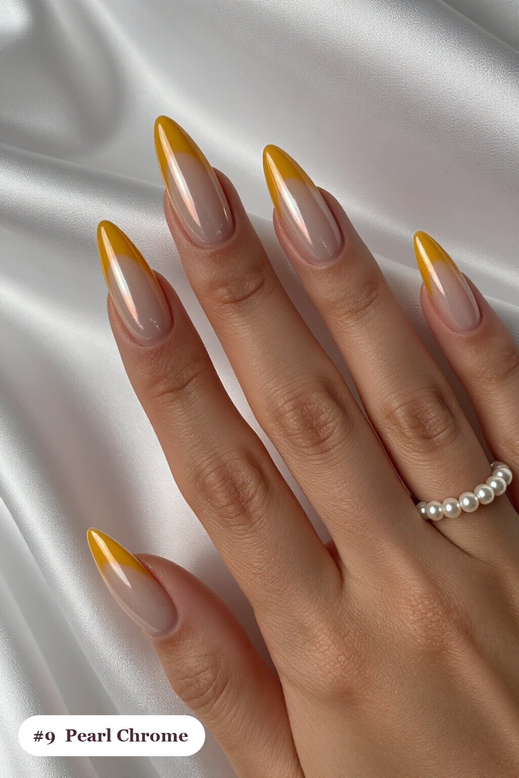 Long stiletto mustard 2026 nails with glazed pearl chrome over the colour for an iridescent sheen, perfect for autumn - autumn nails 2026