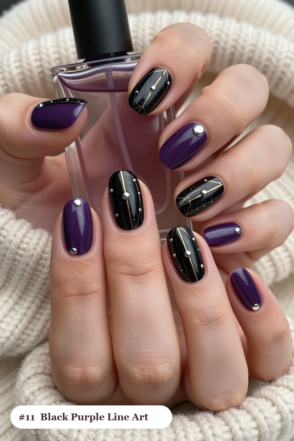 Medium oval black purple nails with fine gold line art and tiny dots drawn across every nail, with silver chrome details, perfect for halloween - black and purple halloween nail designs