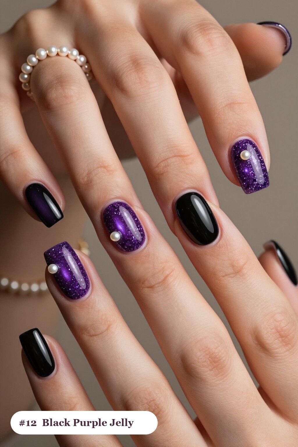 Short square black purple nails in a see-through jelly finish with encapsulated glitter, with pearl details, perfect for halloween - black and purple halloween nail designs
