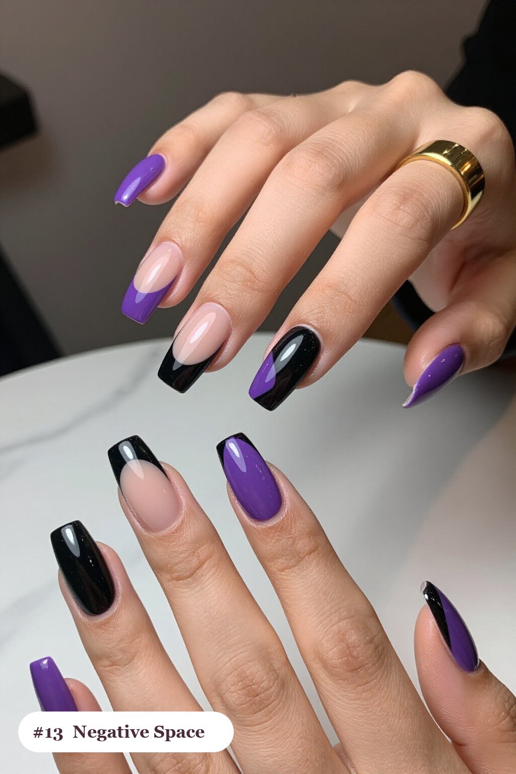 Long square black purple nails in a negative-space design with sheer nude windows and bold colour shapes, with soft nude details, perfect for halloween - black and purple halloween nail designs