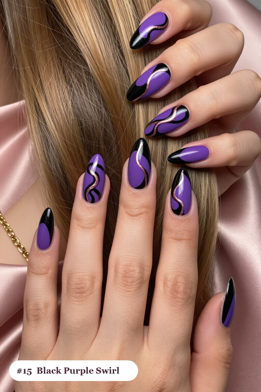 Long ballerina black purple nails with bold hand-painted swirl lines flowing across every nail in a contrasting colour, with rose gold details, perfect for halloween - black and purple halloween nail designs