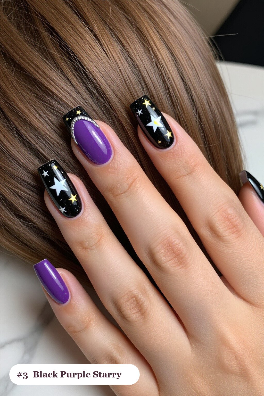 Long square black purple nails with white and gold stars and sparkles painted on every nail, with silver chrome details, perfect for halloween - black and purple halloween nail designs