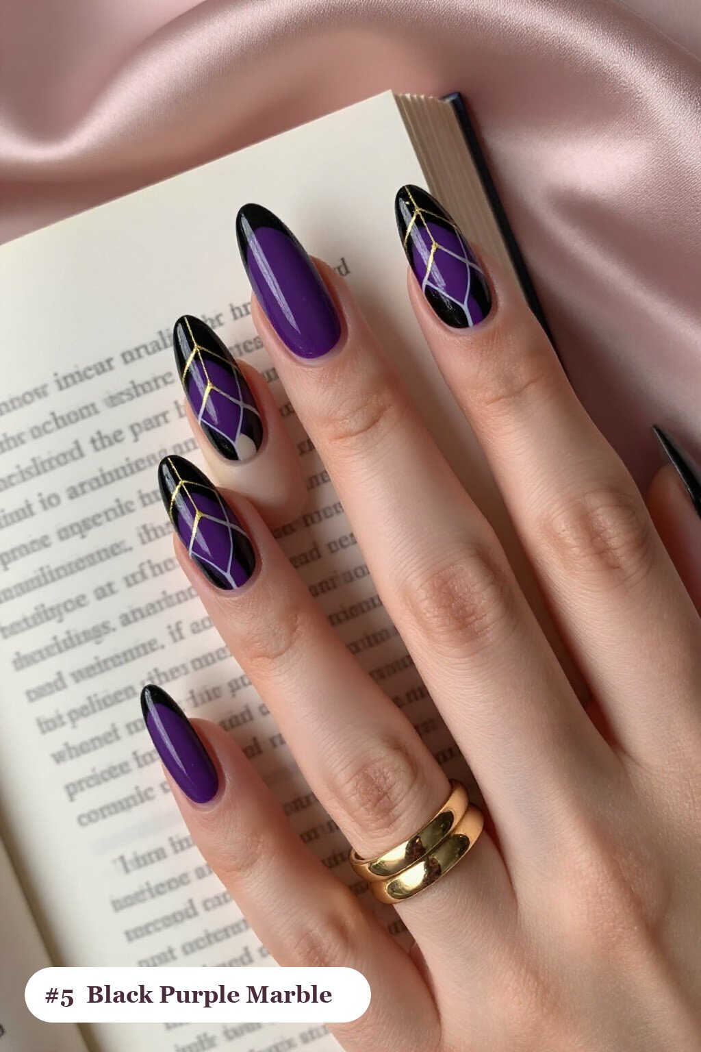 Long ballerina black purple nails with bold marble veins in white and gold across every nail, with soft nude details, perfect for halloween - black and purple halloween nail designs