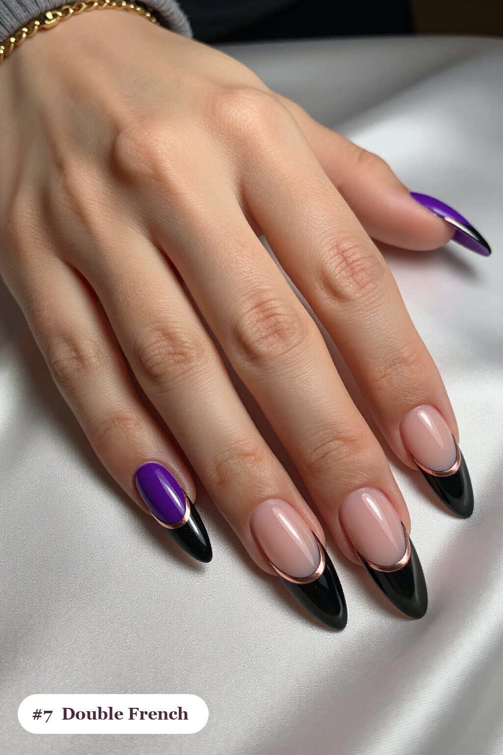 Long stiletto black purple nails with double-line french tips in two colours, with rose gold details, perfect for halloween - black and purple halloween nail designs