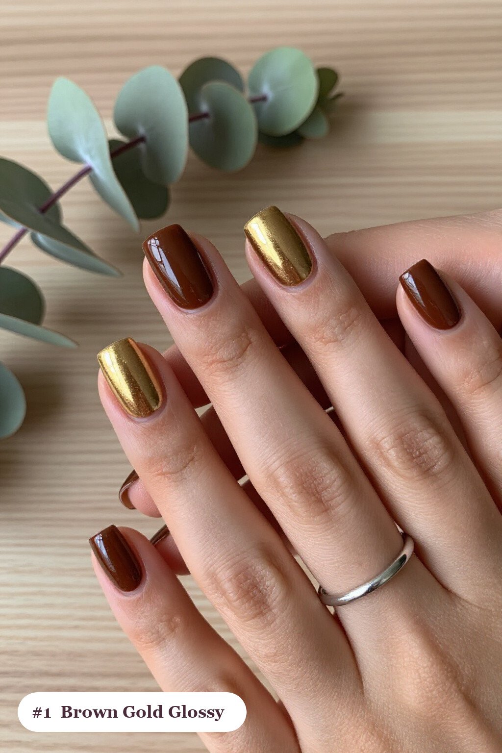 Short Square Brown and Gold Fall Nails with Mirror‑Glossy Shine - brown and gold fall nails