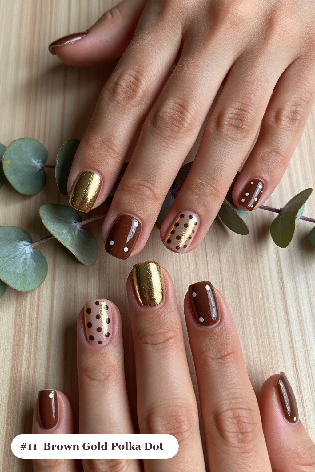 Playful Polka‑Dot Short Squares in Brown and Gold with Champagne Accents - brown and gold fall nails