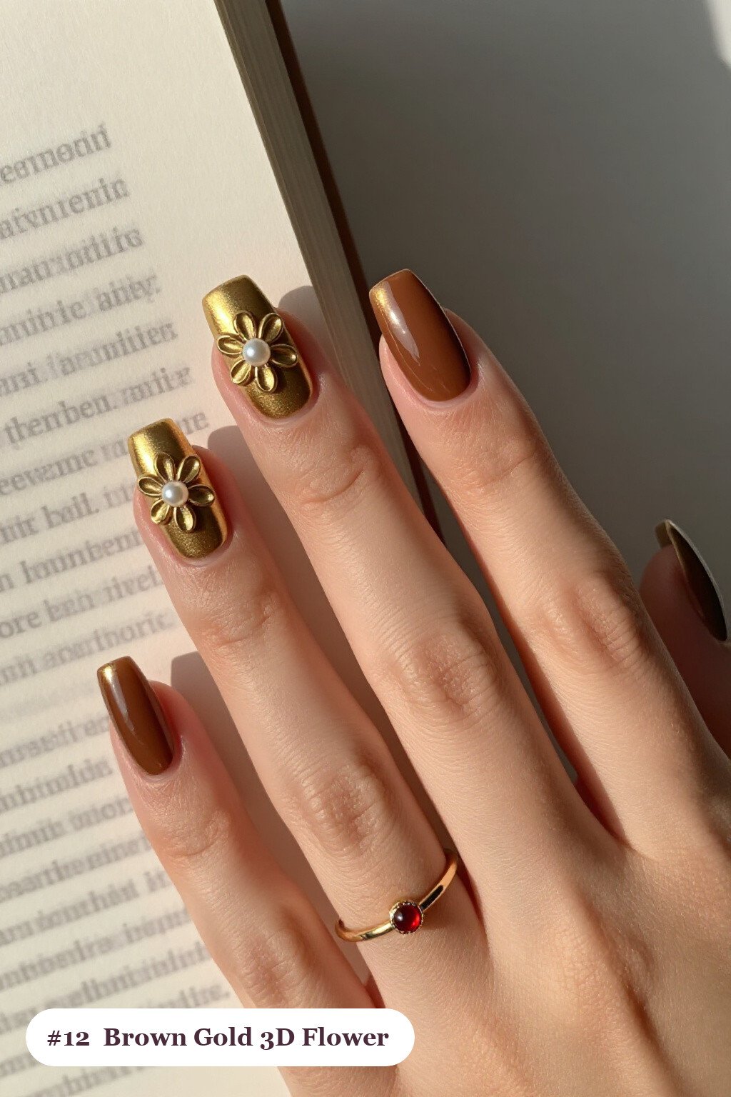 3D Floral Long Squares Featuring Pearl‑Centered Blooms - brown and gold fall nails