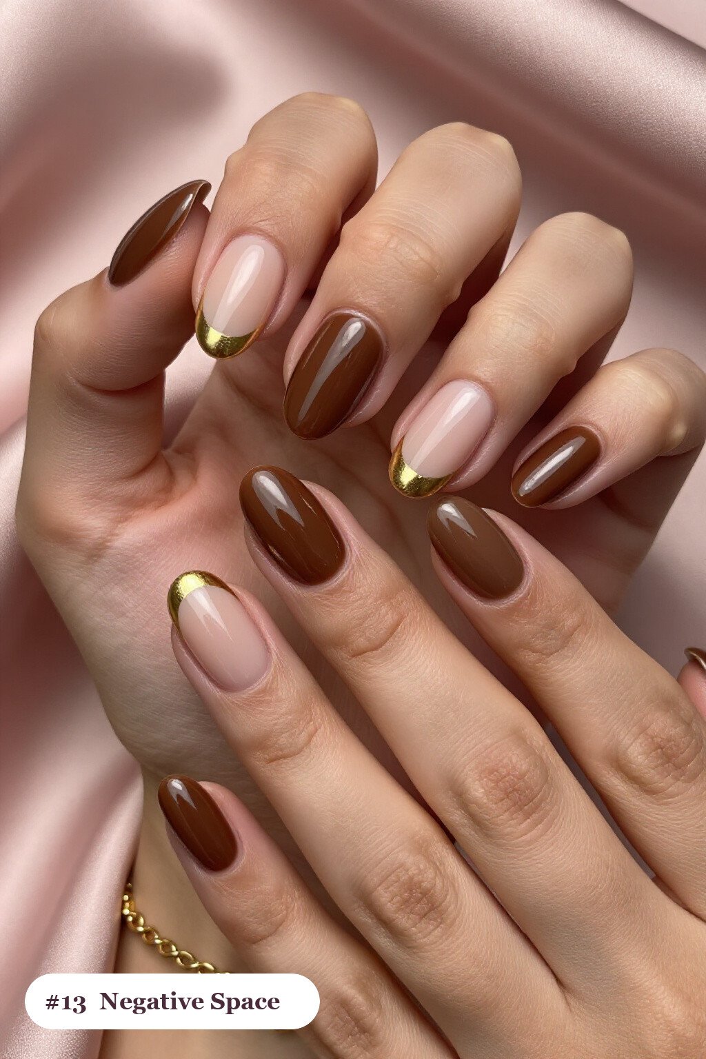 Medium Oval Brown and Gold Fall Nails Negative‑Space with Nude Windows - brown and gold fall nails
