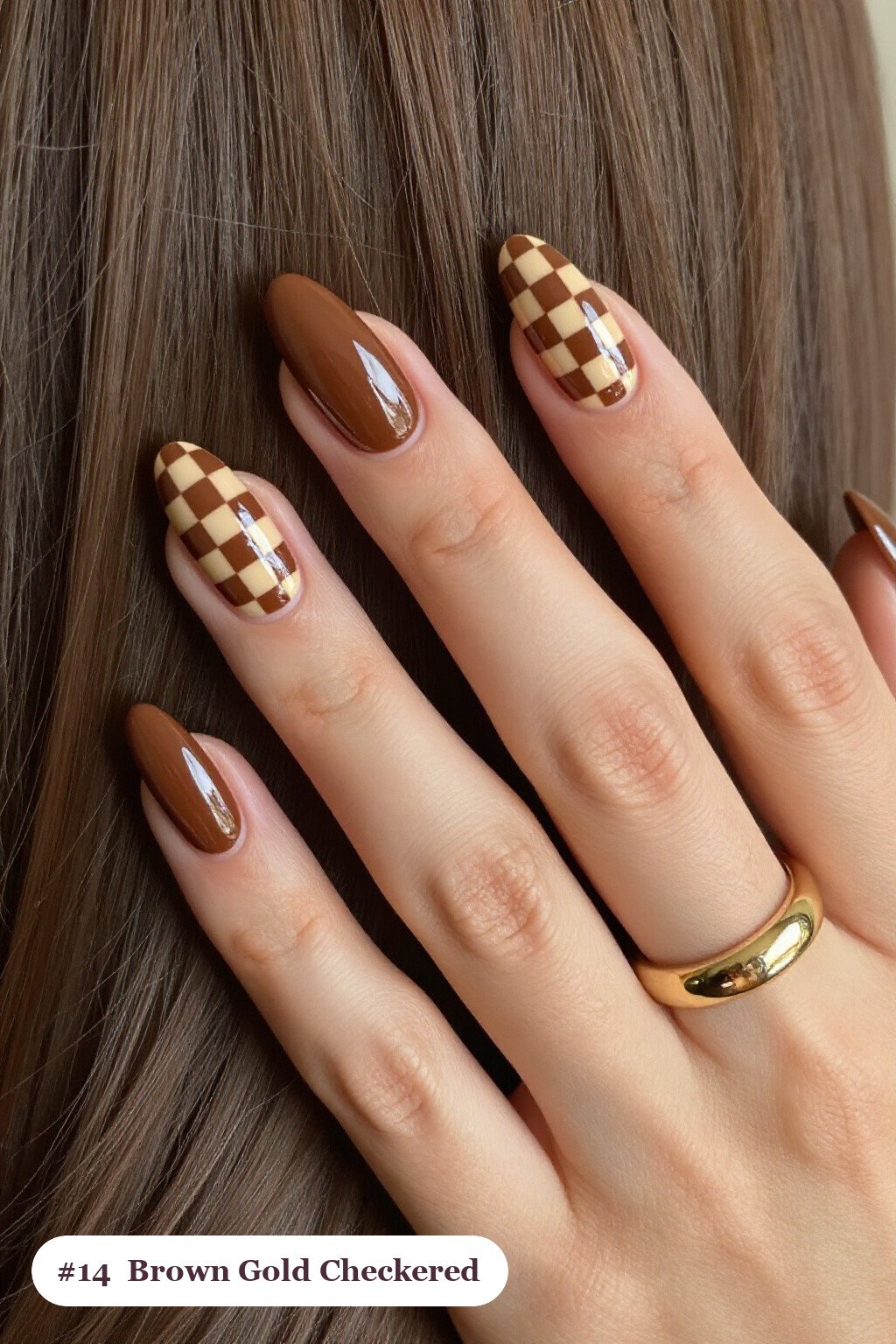 Checkerboard Accent Medium Almonds with Silver Highlights - brown and gold fall nails