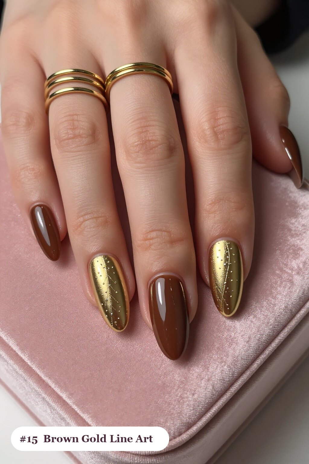 Long Ballerina Brown Gold Nails with Fine Gold Line Art: On Short Nails - brown and gold fall nails