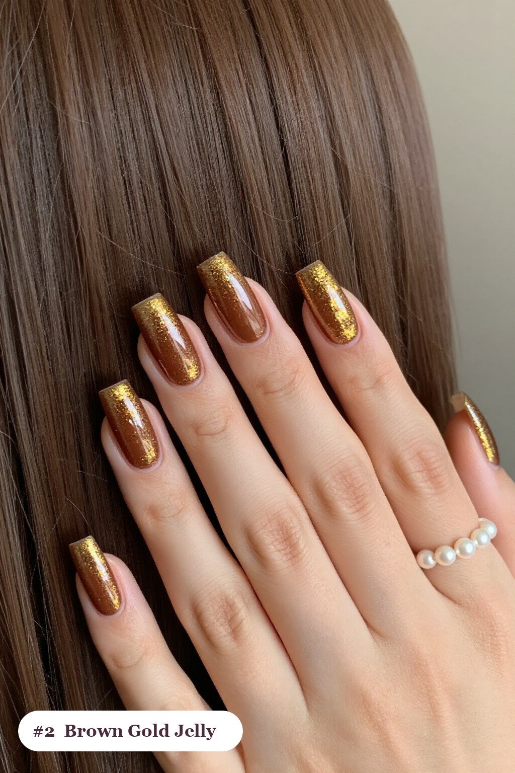 Translucent Jelly Long Squares Wrapped in Encapsulated Gold Glitter - brown and gold fall nails