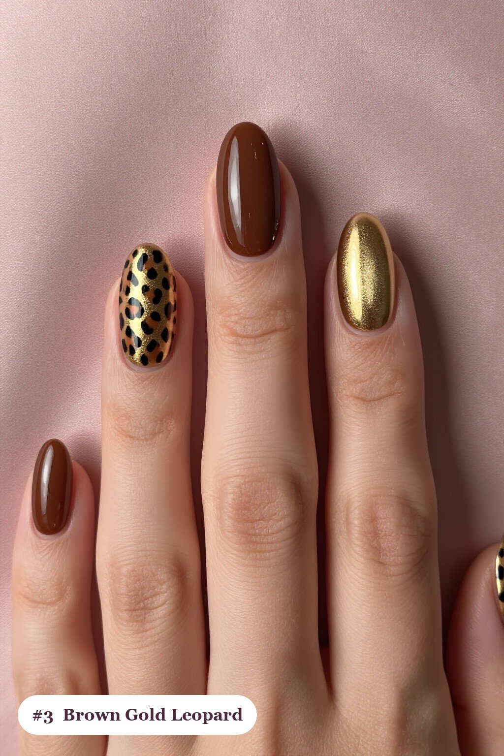 Medium Oval Brown and Gold Fall Nails with Leopard Accents & Champagne Details - brown and gold fall nails