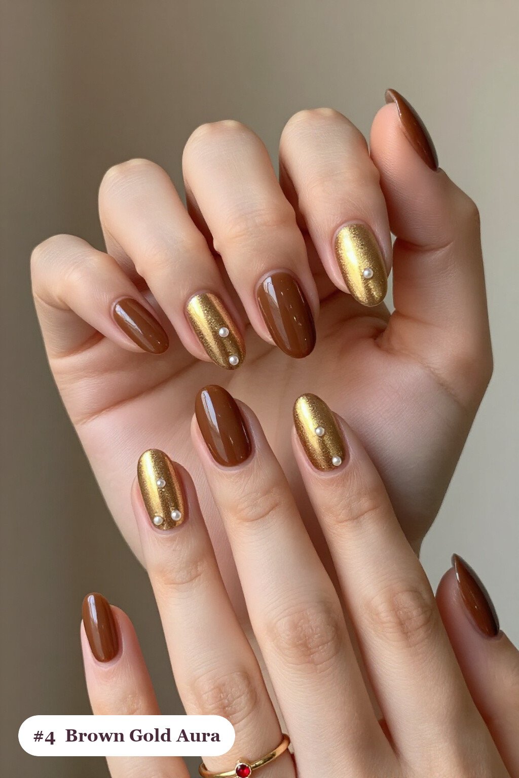 Airbrushed Aura Medium Almonds Highlighted by Pearls - brown and gold fall nails