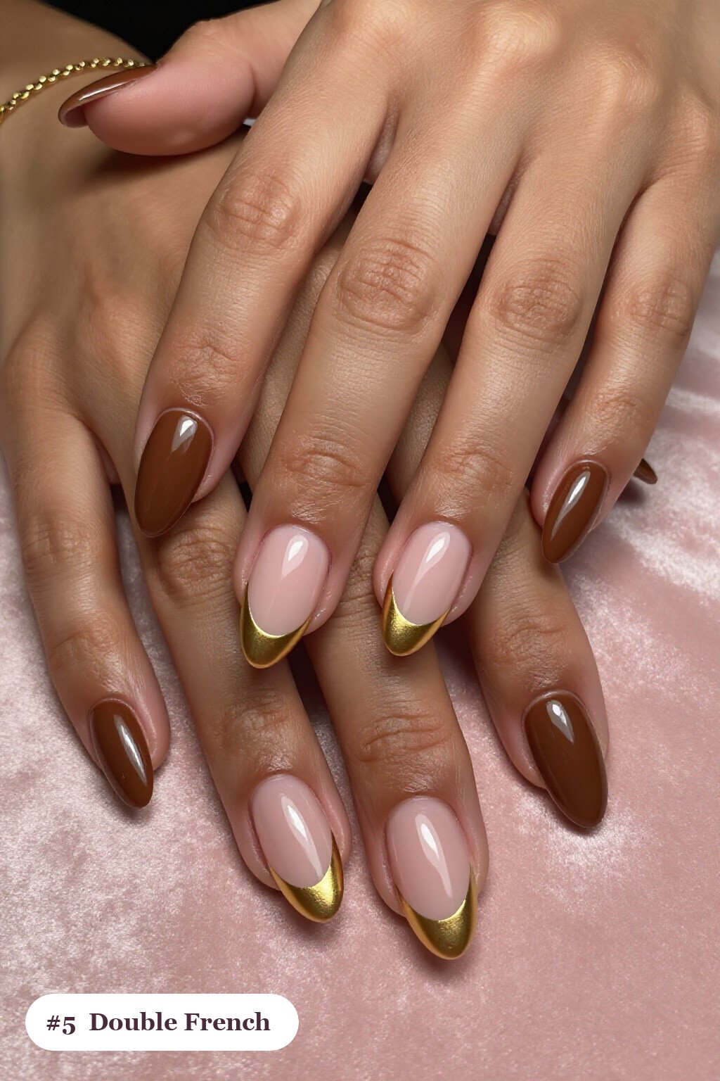 Double‑Line Two‑Tone French Ballerina Nails in Brown and Gold - brown and gold fall nails