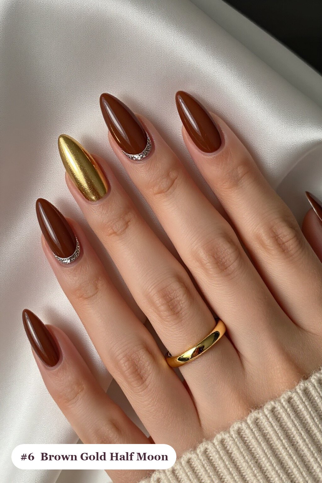 Long Stiletto Brown Gold Nails with Half‑Moon Glitter: How to Make Them Last Longer - brown and gold fall nails
