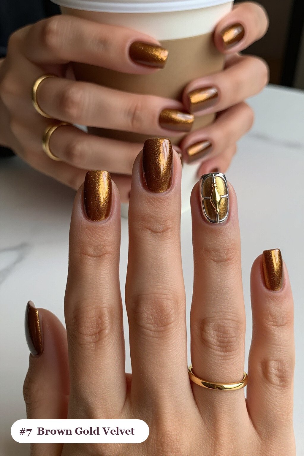Velvet‑Sheen Medium Squares Paired with a Gold‑Charm Accent - brown and gold fall nails