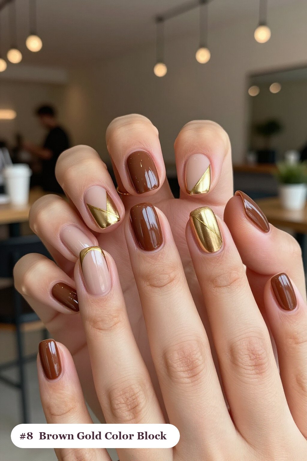 Medium Coffin Brown and Gold Fall Nails Color‑Blocked with Thin Gold Line - brown and gold fall nails