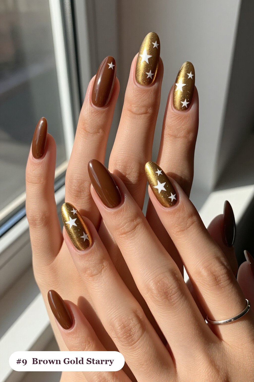 Starlit Long Almonds Sprinkled with White and Gold Sparkles - brown and gold fall nails