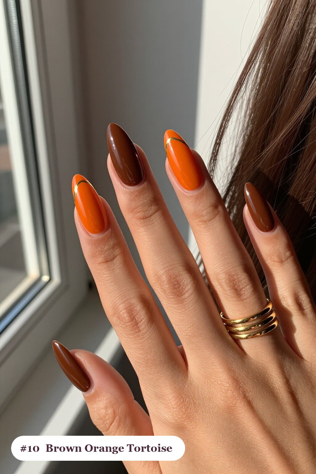 Long Stiletto Brown‑Orange Amber Tortoiseshell Accent Nails with Gold Details - brown and orange fall nails Long Stiletto Brown‑Orange Amber Tortoiseshell Accent Nails with Gold Details - brown and orange fall nails