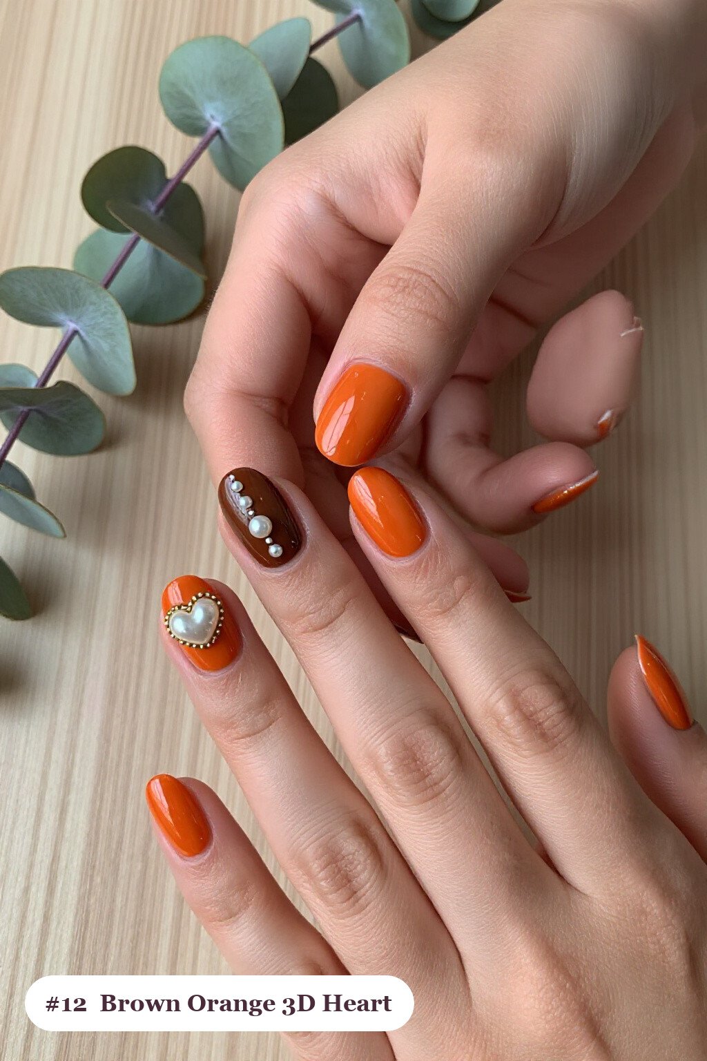 Medium Oval Brown‑Orange 3D Gel Hearts and Pearls: Perfect Fall Statement - brown and orange fall nails Medium Oval Brown‑Orange 3D Gel Hearts and Pearls: Perfect Fall Statement - brown and orange fall nails