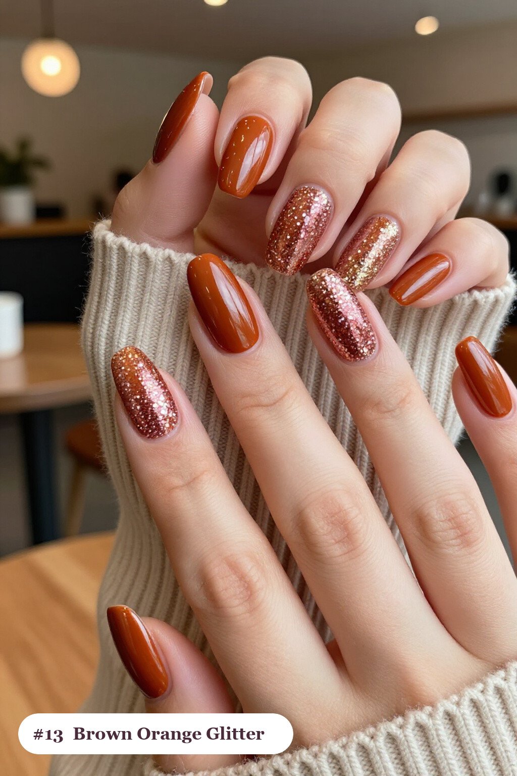 Long Almond Brown‑Orange Gradient Glitter Nails with Rose Gold Details - brown and orange fall nails Long Almond Brown‑Orange Gradient Glitter Nails with Rose Gold Details - brown and orange fall nails