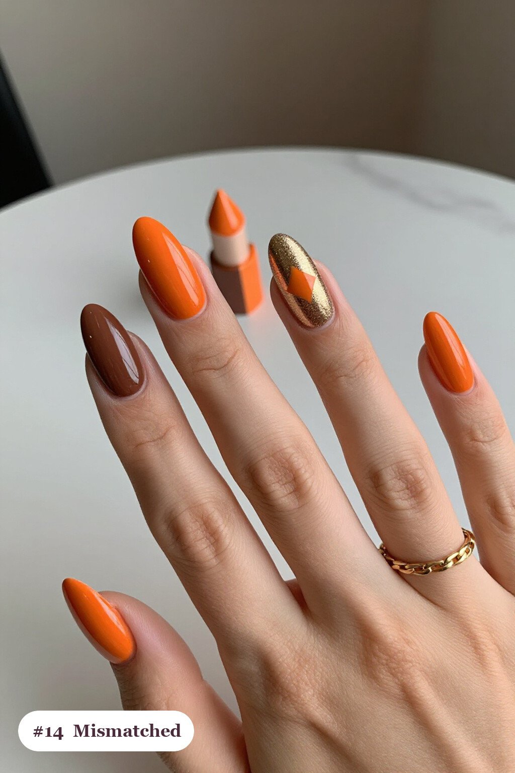 Medium Almond Brown‑Orange Mismatched Pattern Set with Champagne Details - brown and orange fall nails Medium Almond Brown‑Orange Mismatched Pattern Set with Champagne Details - brown and orange fall nails