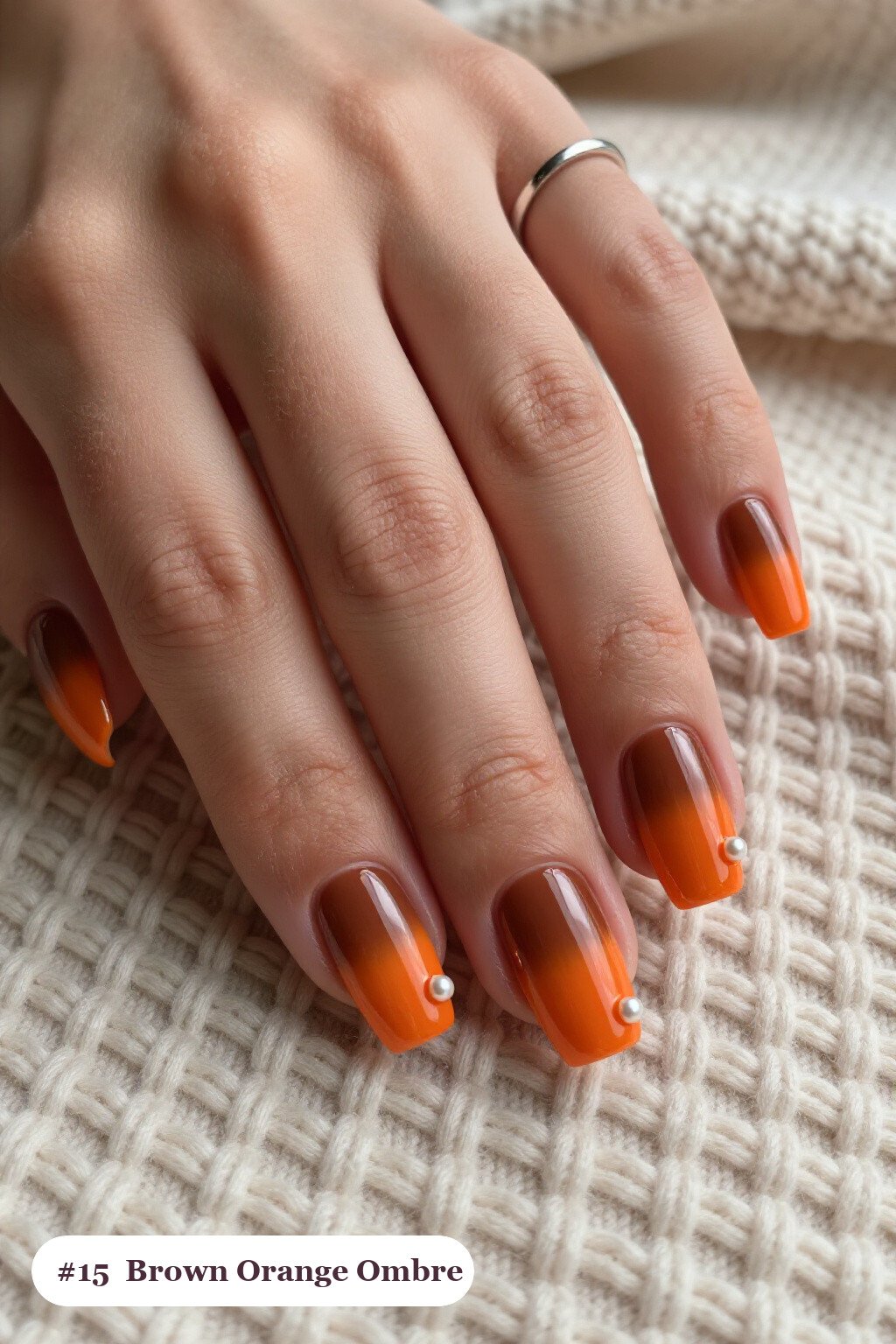 Short Square Brown‑Orange Two‑Tone Ombre Nails with Pearl Details - brown and orange fall nails Short Square Brown‑Orange Two‑Tone Ombre Nails with Pearl Details - brown and orange fall nails