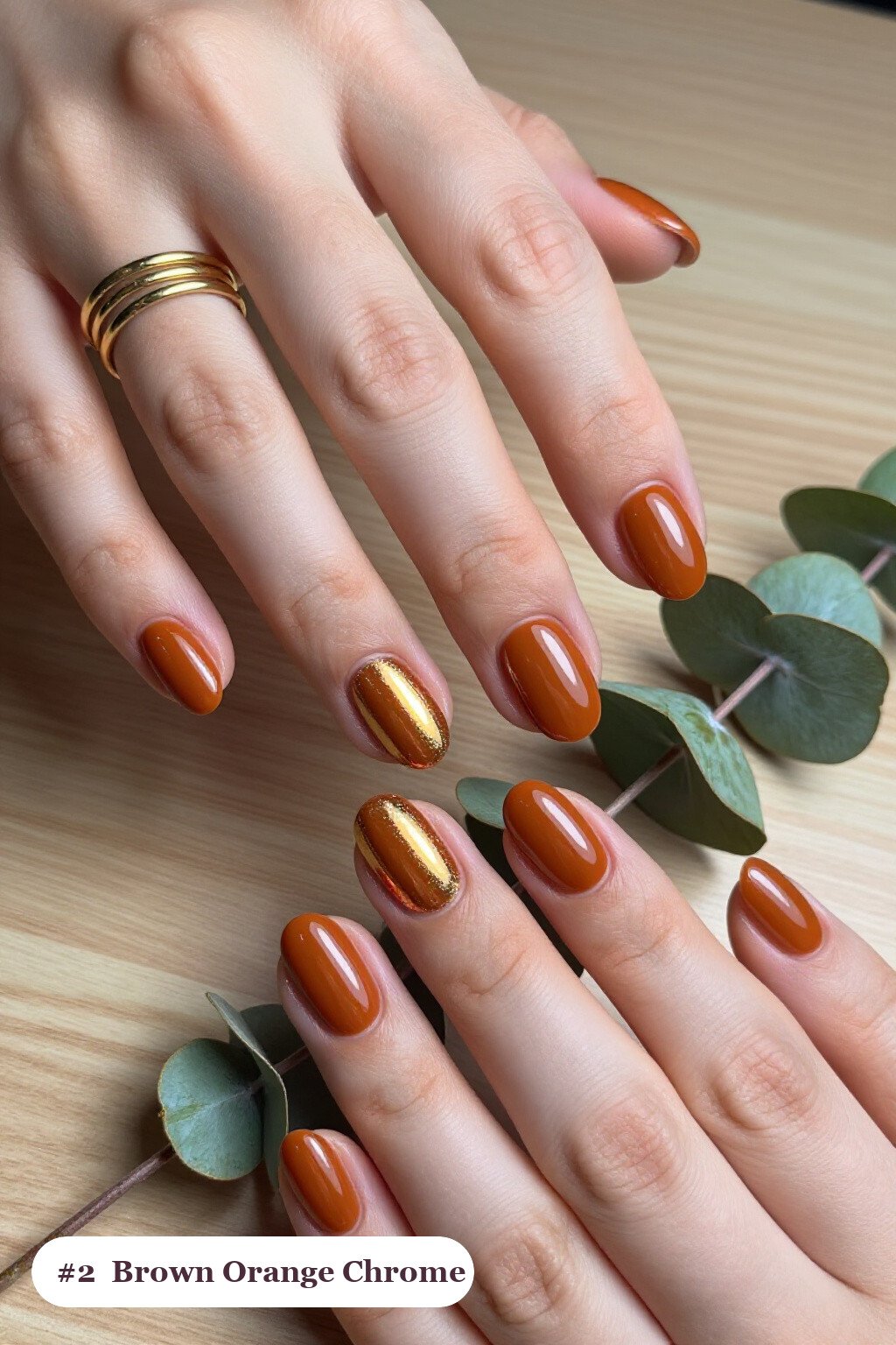 Medium Oval Brown‑Orange Chrome Nails with Gold Highlights for Fall - brown and orange fall nails Medium Oval Brown‑Orange Chrome Nails with Gold Highlights for Fall - brown and orange fall nails