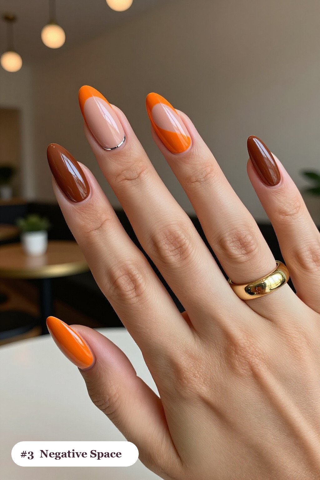Long Almond Brown‑Orange Negative Space Nails: Best Shades for Every Season - brown and orange fall nails Long Almond Brown‑Orange Negative Space Nails: Best Shades for Every Season - brown and orange fall nails