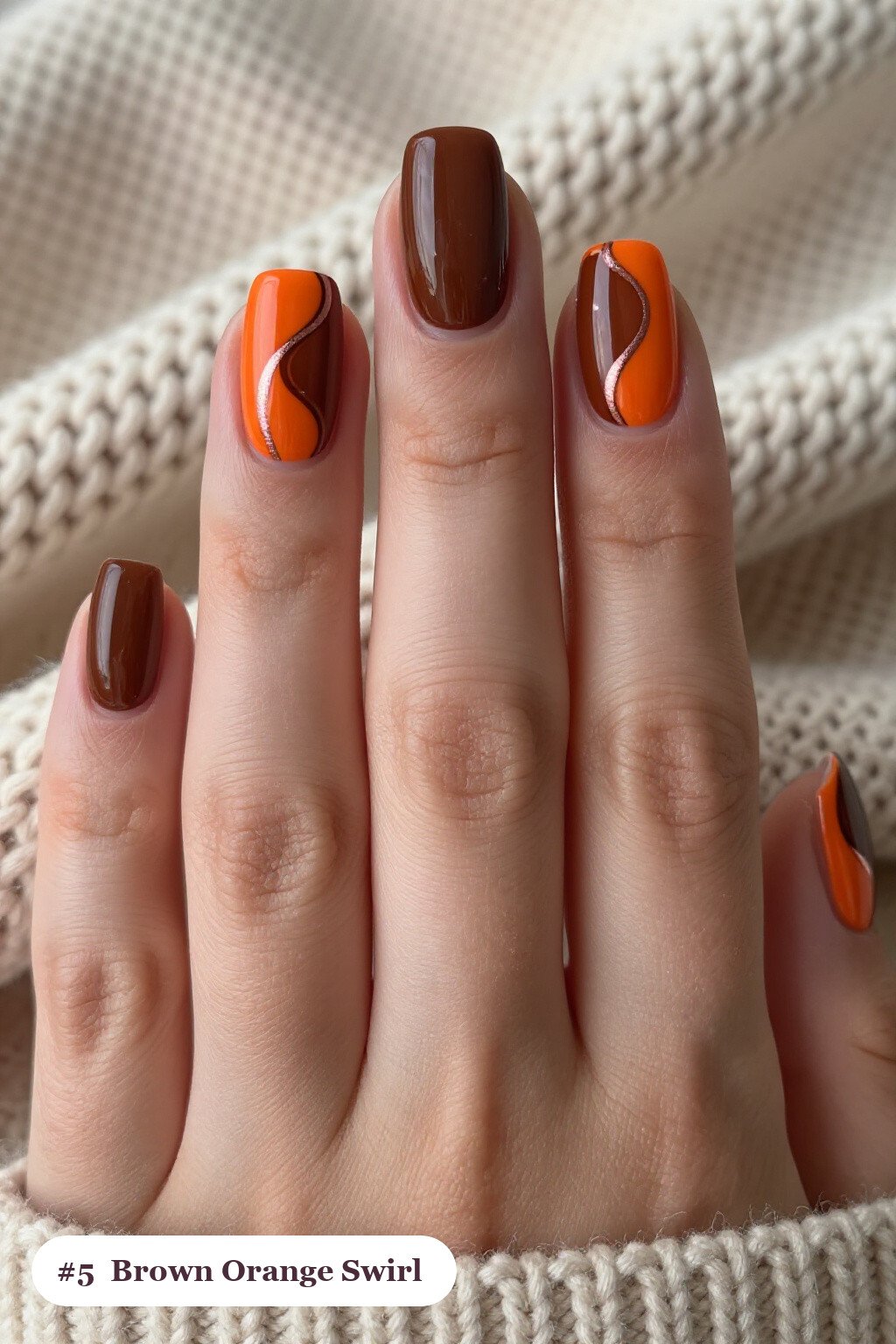 Short Square Brown‑Orange Swirl Nails: On Short Nails - brown and orange fall nails Short Square Brown‑Orange Swirl Nails: On Short Nails - brown and orange fall nails