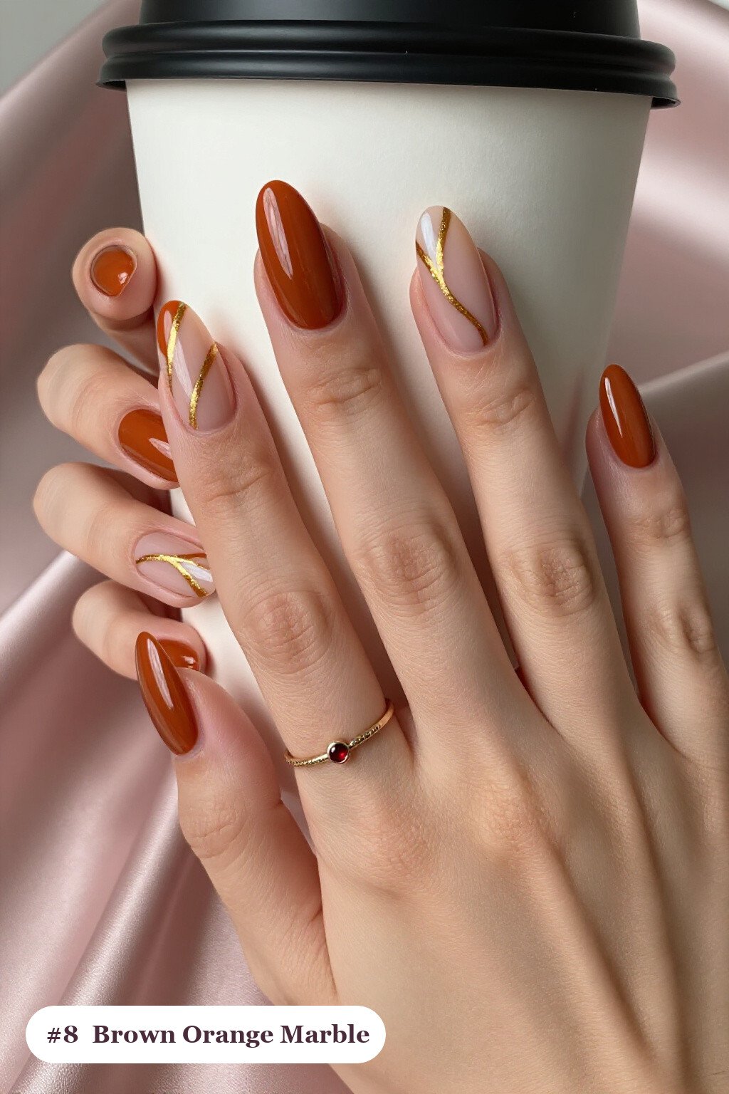 Long Coffin Brown‑Orange Marble Vein Nails with Soft Nude Accents - brown and orange fall nails Long Coffin Brown‑Orange Marble Vein Nails with Soft Nude Accents - brown and orange fall nails