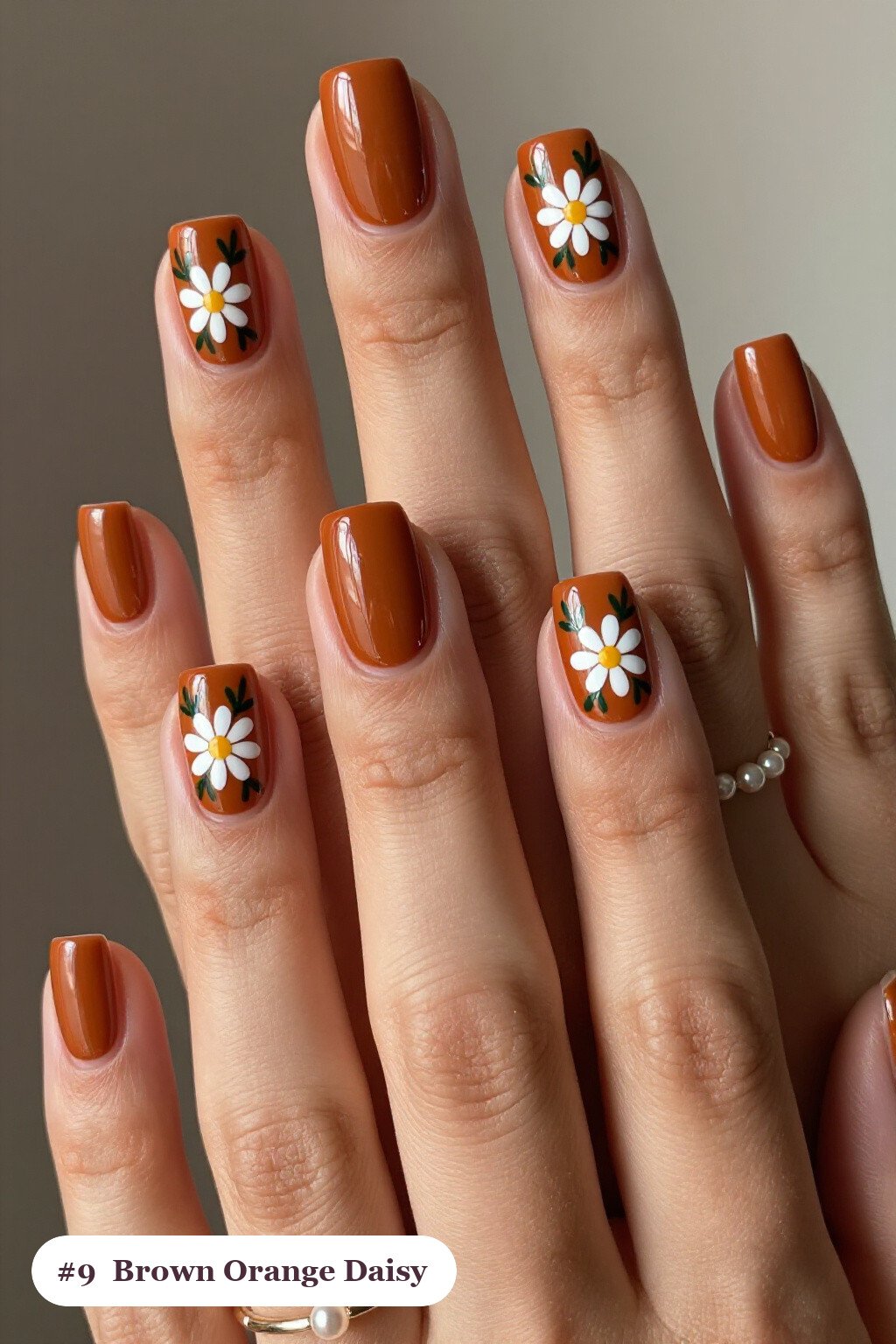 Medium Square Brown‑Orange Daisy and Leaf Nails with Silver Details - brown and orange fall nails Medium Square Brown‑Orange Daisy and Leaf Nails with Silver Details - brown and orange fall nails