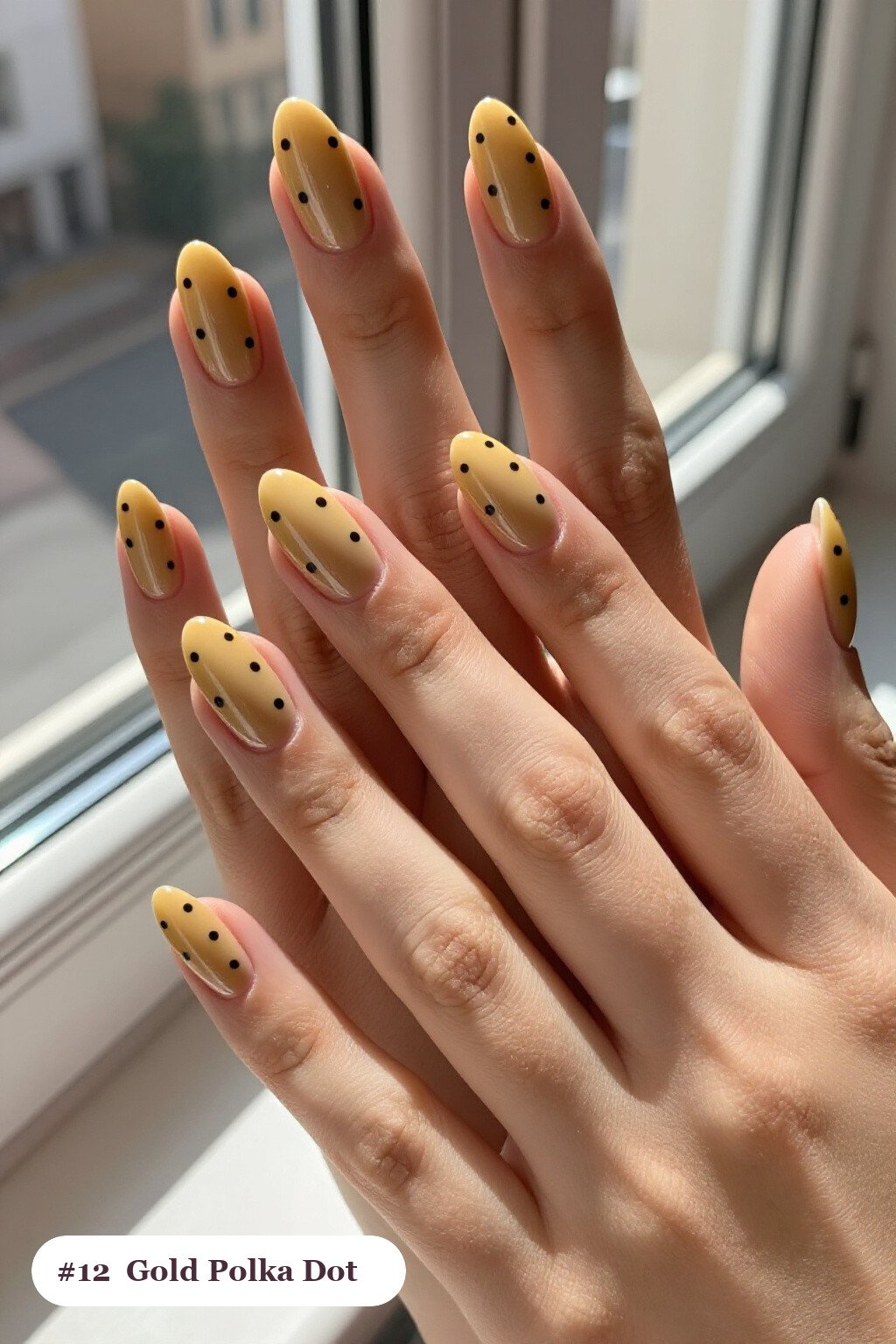 Gold Polka‑Dot Playful Almond Nails - christmas almond nails